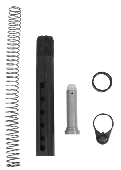 This LBE AR-15 Rifle Buffer Tube Kit includes a castle nut, a lock plate, a recoil buffer, and a carbine length recoil spring.